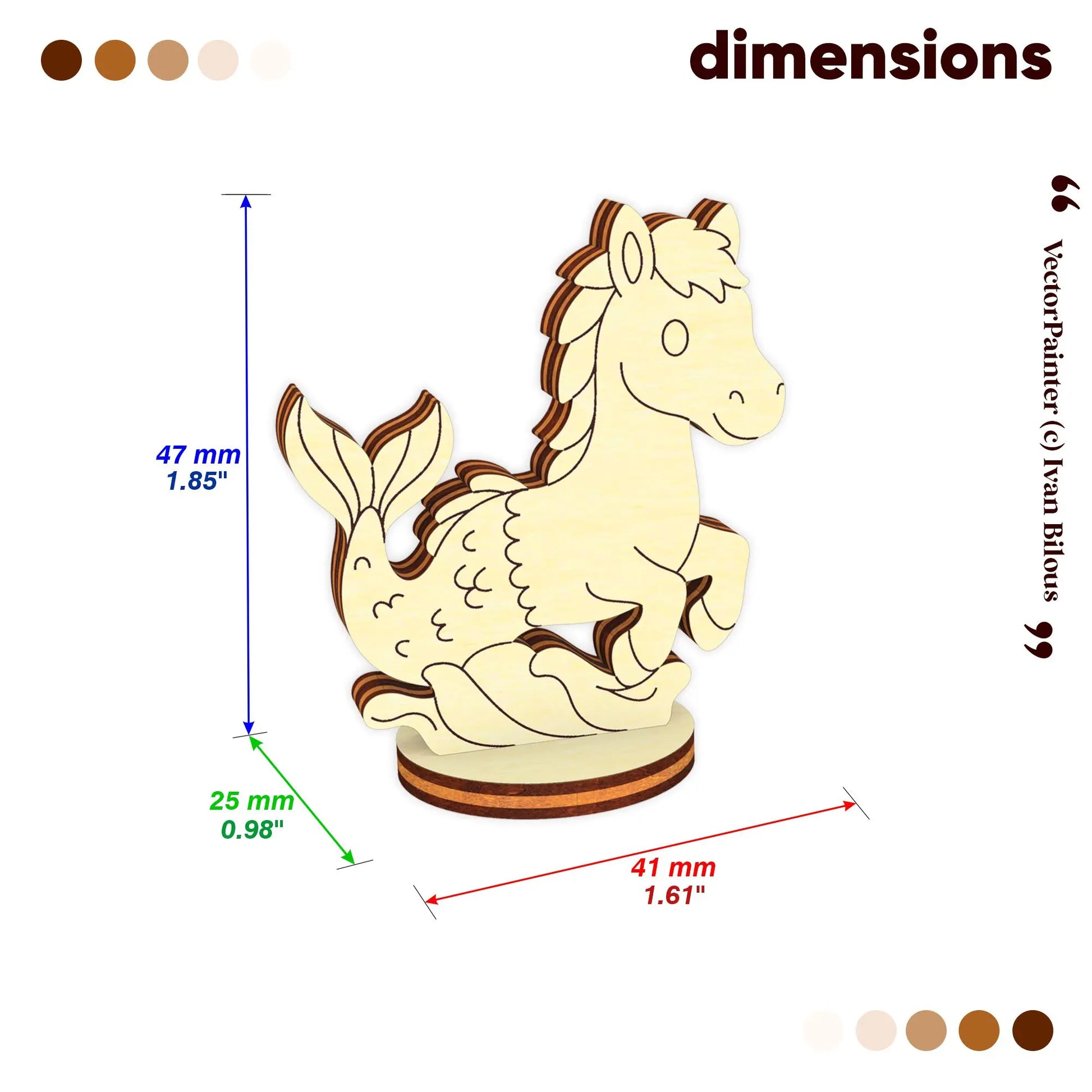 Technical dimensions of the laser cut plywood mythical seahorse figurine: 47mm height and 25mm circular base diameter.