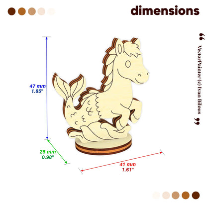 Technical dimensions of the laser cut plywood mythical seahorse figurine: 47mm height and 25mm circular base diameter.