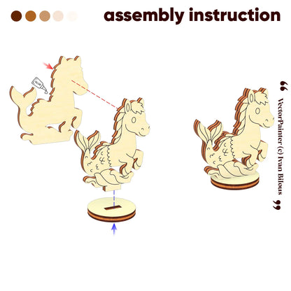 Assembly instructions for laser cut plywood mythical seahorse figurine showing how to glue layers and slot into the base