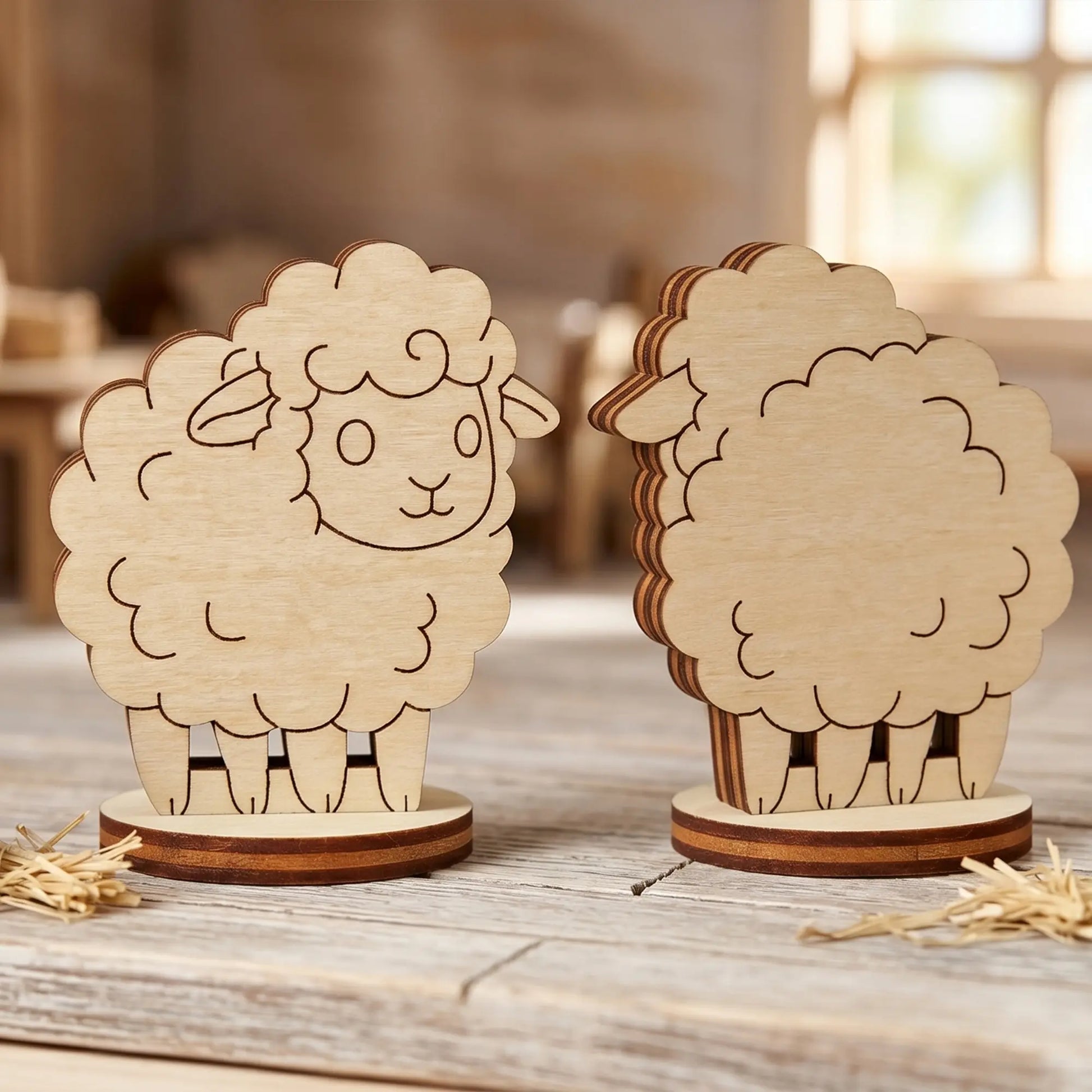 Front and back view of a miniature sheep figurine made of laser cut plywood, standing on a wooden surface.