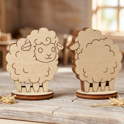 Front and back view of a miniature sheep figurine made of laser cut plywood, standing on a wooden surface.