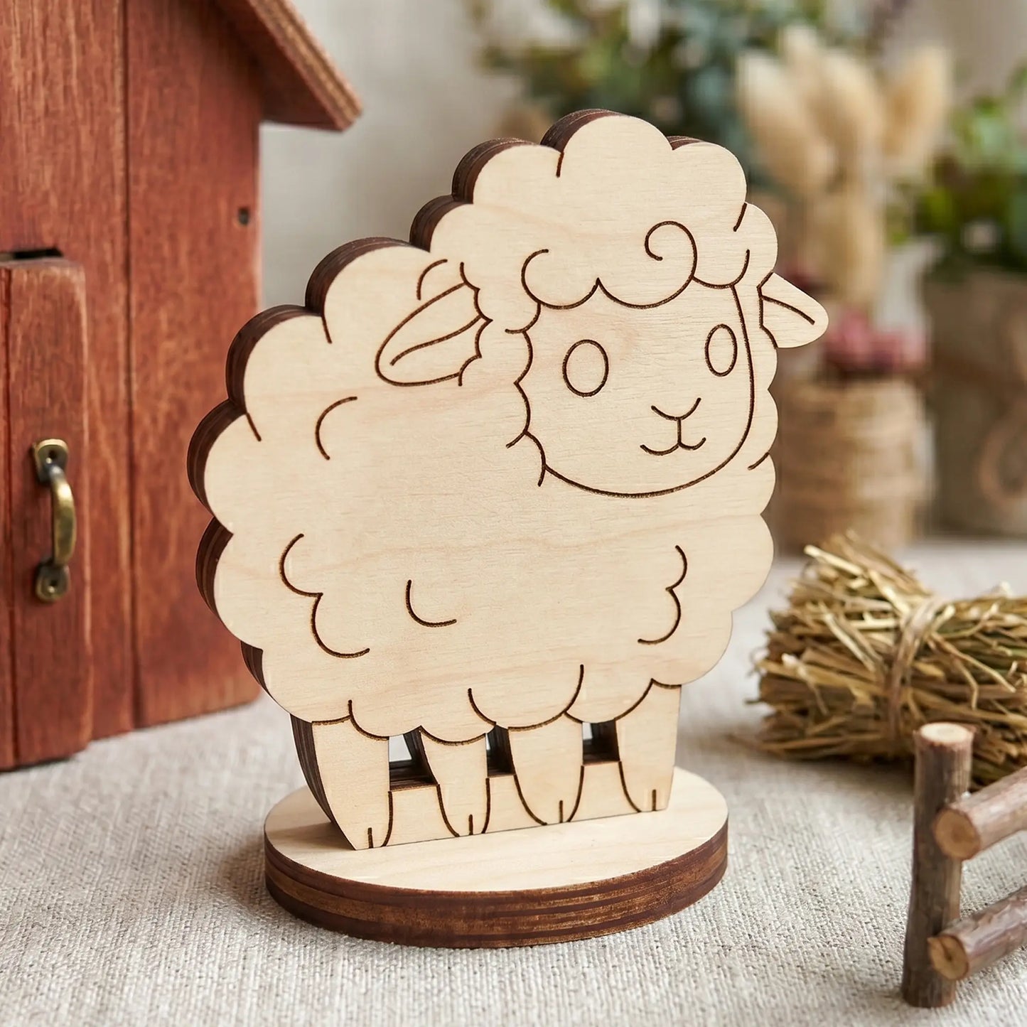 Miniature sheep figurine crafted from laser cut plywood, staged indoors next to a tiny decorative barn.