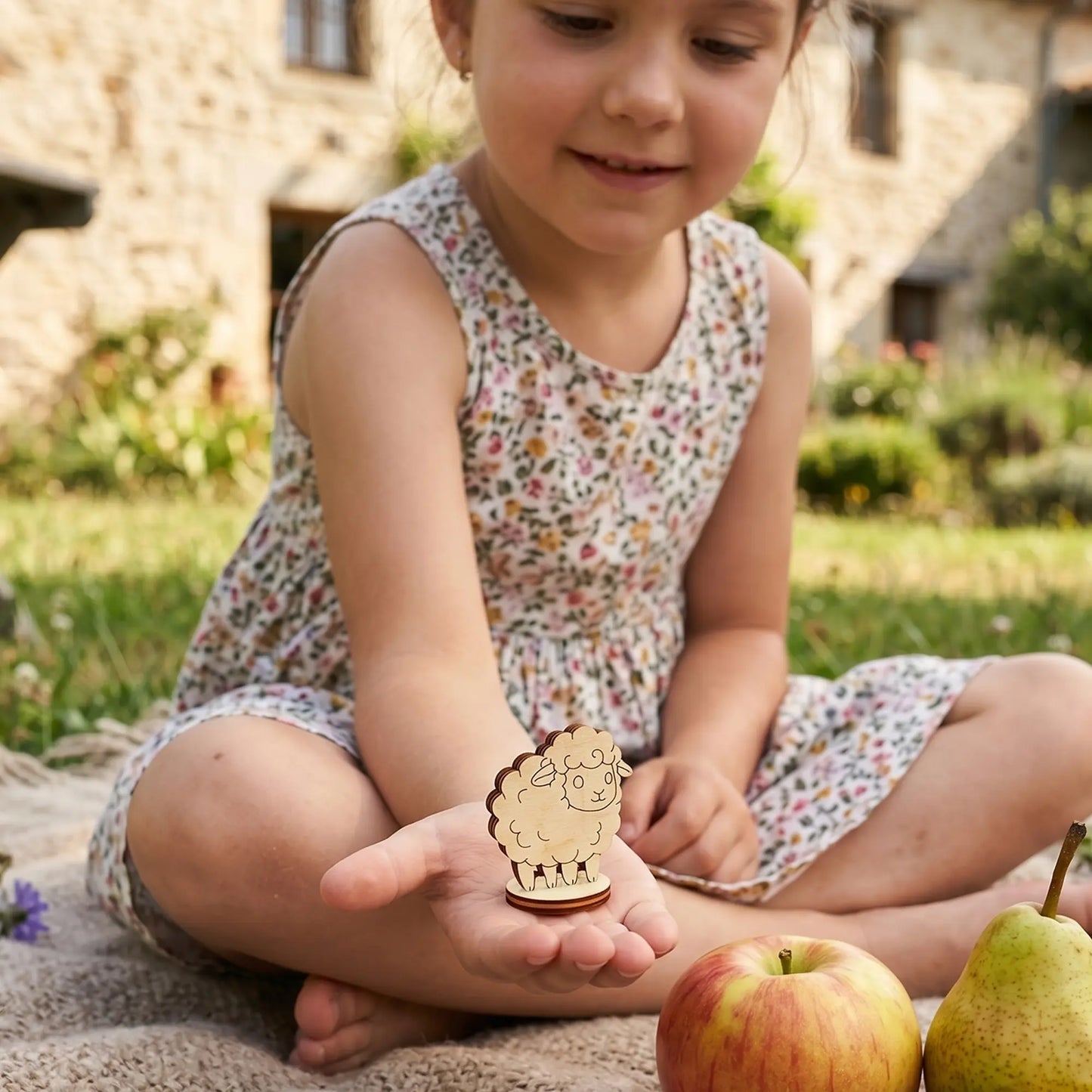 Child holding a tiny sheep figurine made of laser cut plywood in their hand during an outdoor picnic.