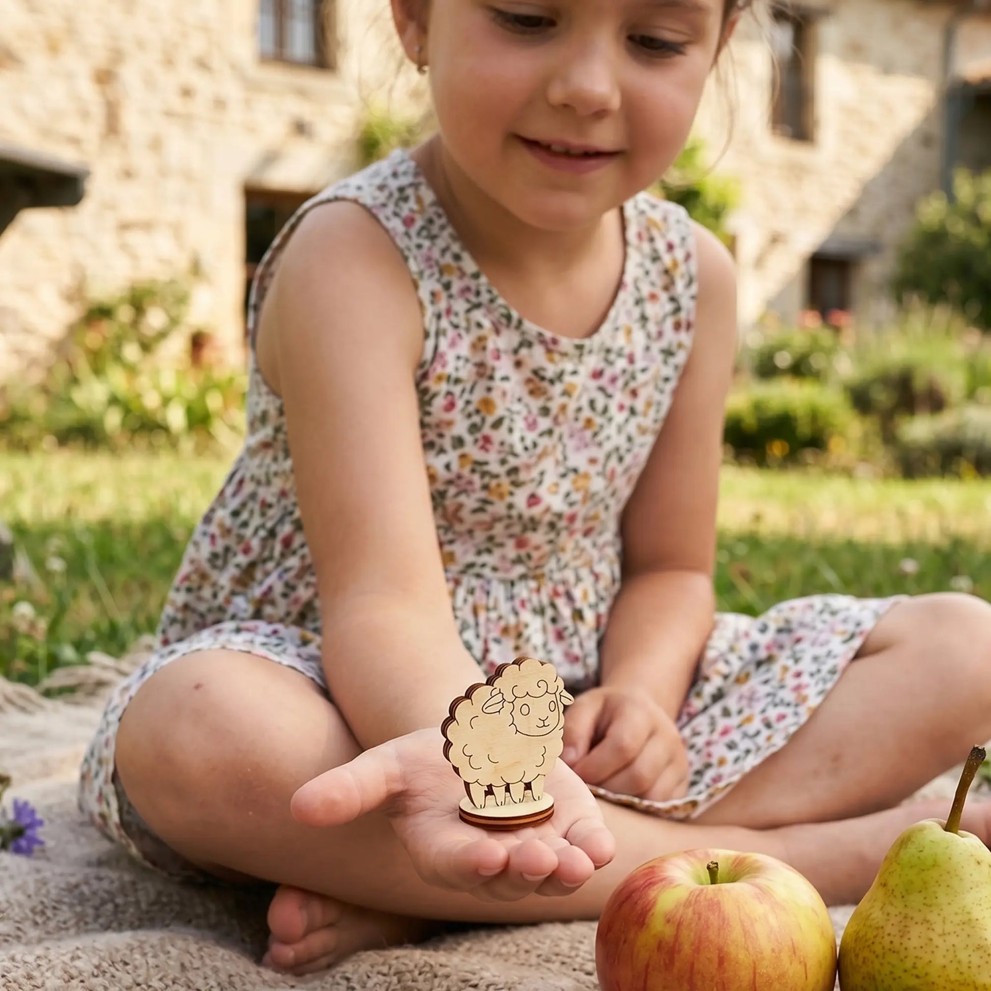 Child holding a tiny sheep figurine made of laser cut plywood in their hand during an outdoor picnic.