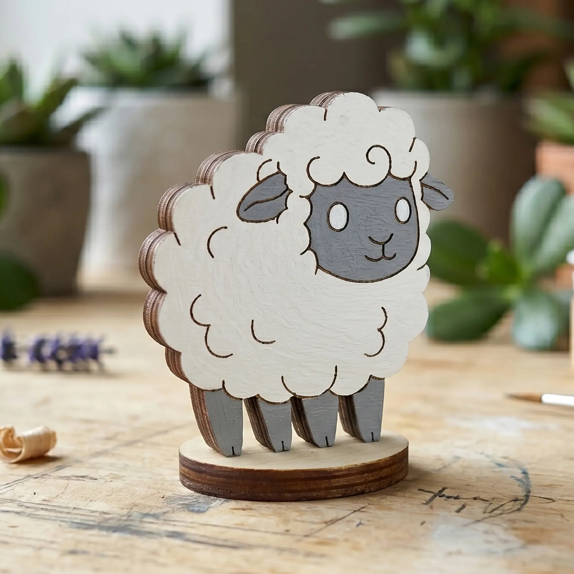 A hand-painted white and grey miniature sheep figurine of laser cut plywood, staged on a wooden workshop desk with plants