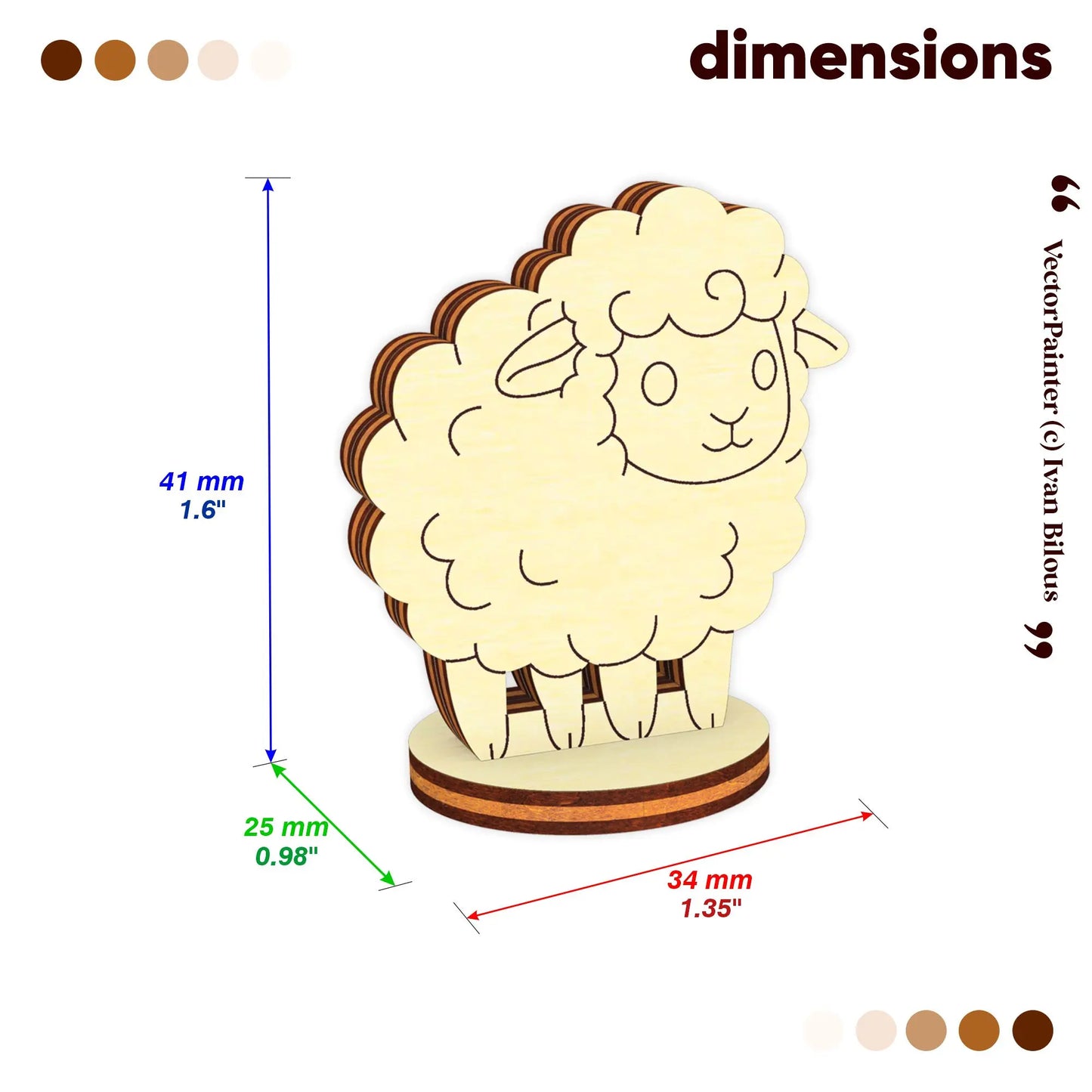 Technical graphic showing the height and width dimensions of a miniature laser cut plywood sheep model.
