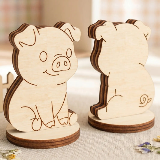 Front and back views of a miniature standing pig figurine crafted from natural layered laser cut plywood panels.