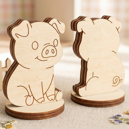 Front and back views of a miniature standing pig figurine crafted from natural layered laser cut plywood panels.