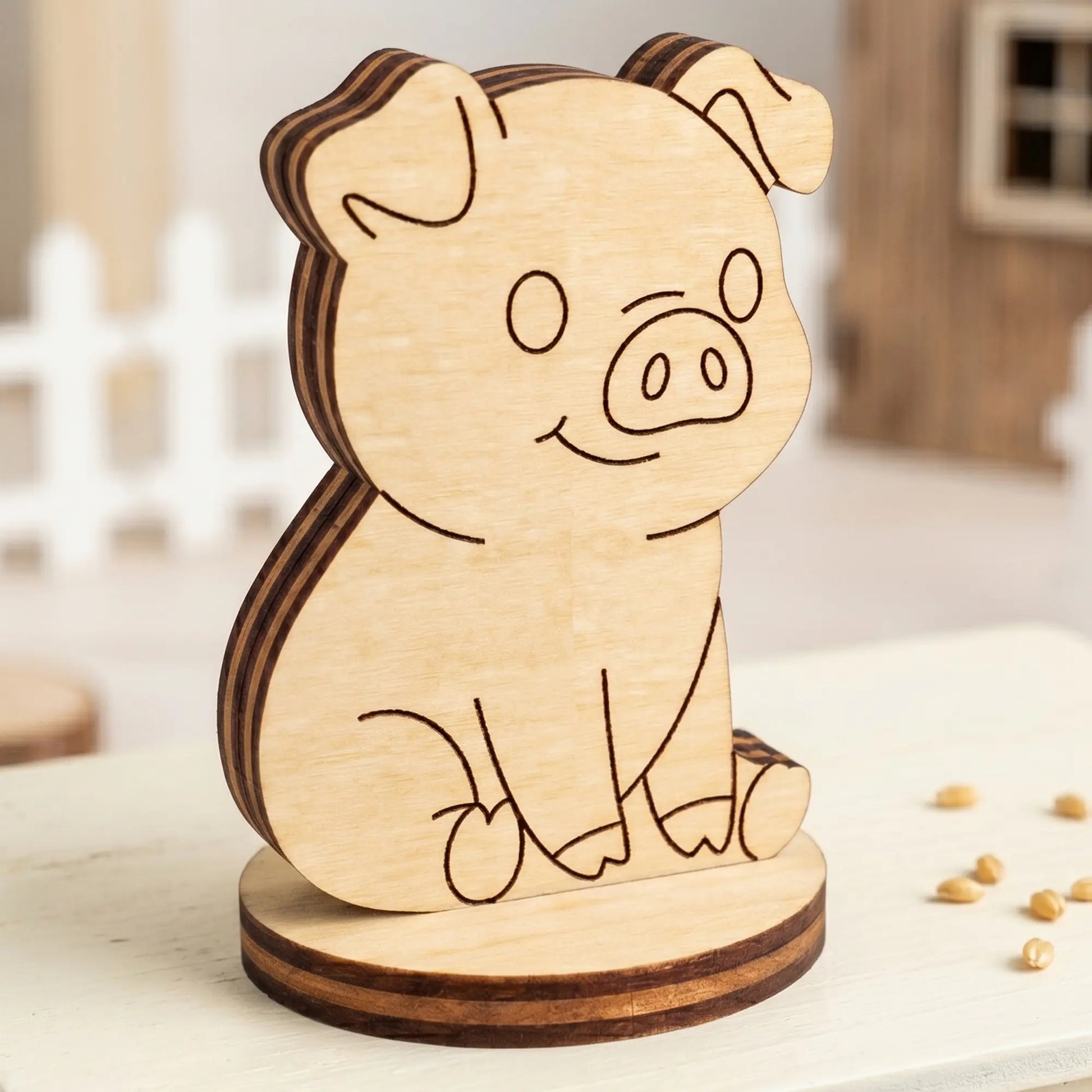 Close-up of a miniature laser cut plywood farm pig token with engraved details, standing on a light table surface.