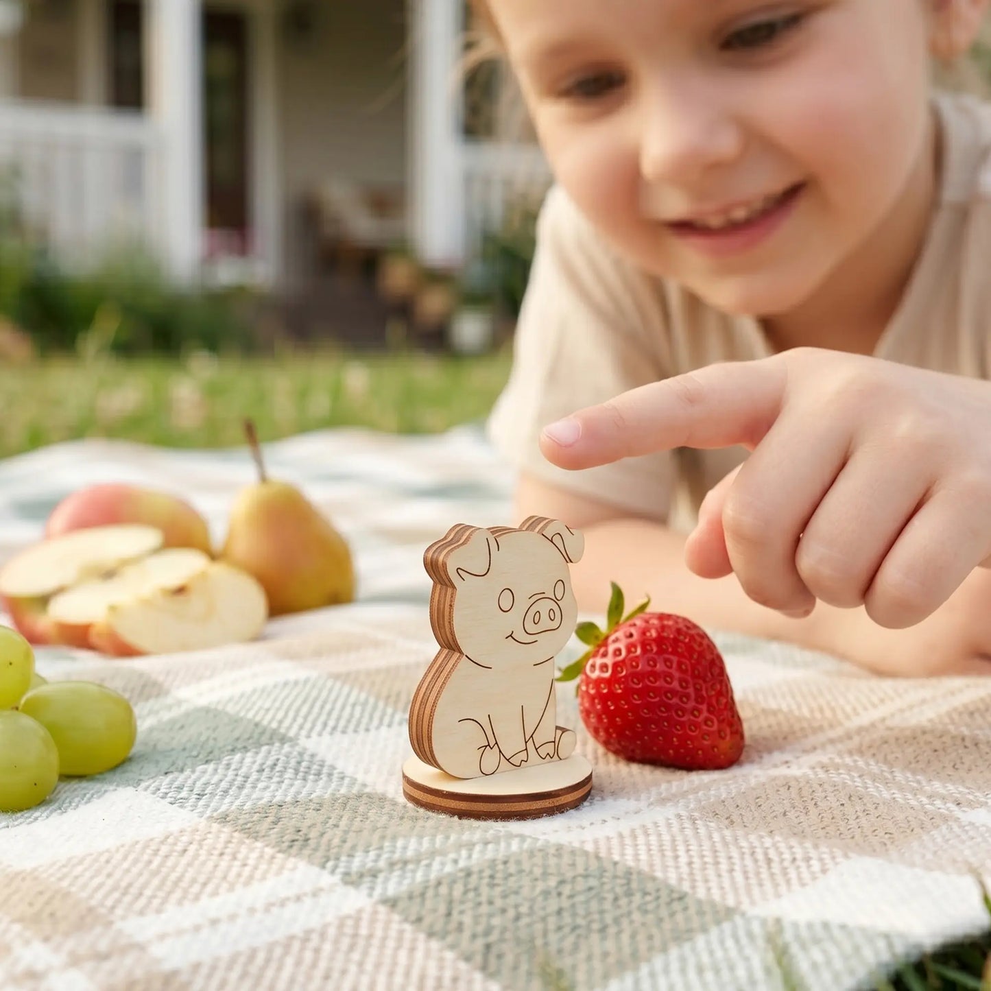 Miniature laser cut plywood pig figurine on a picnic blanket next to fruit, with a smiling child pointing at it.