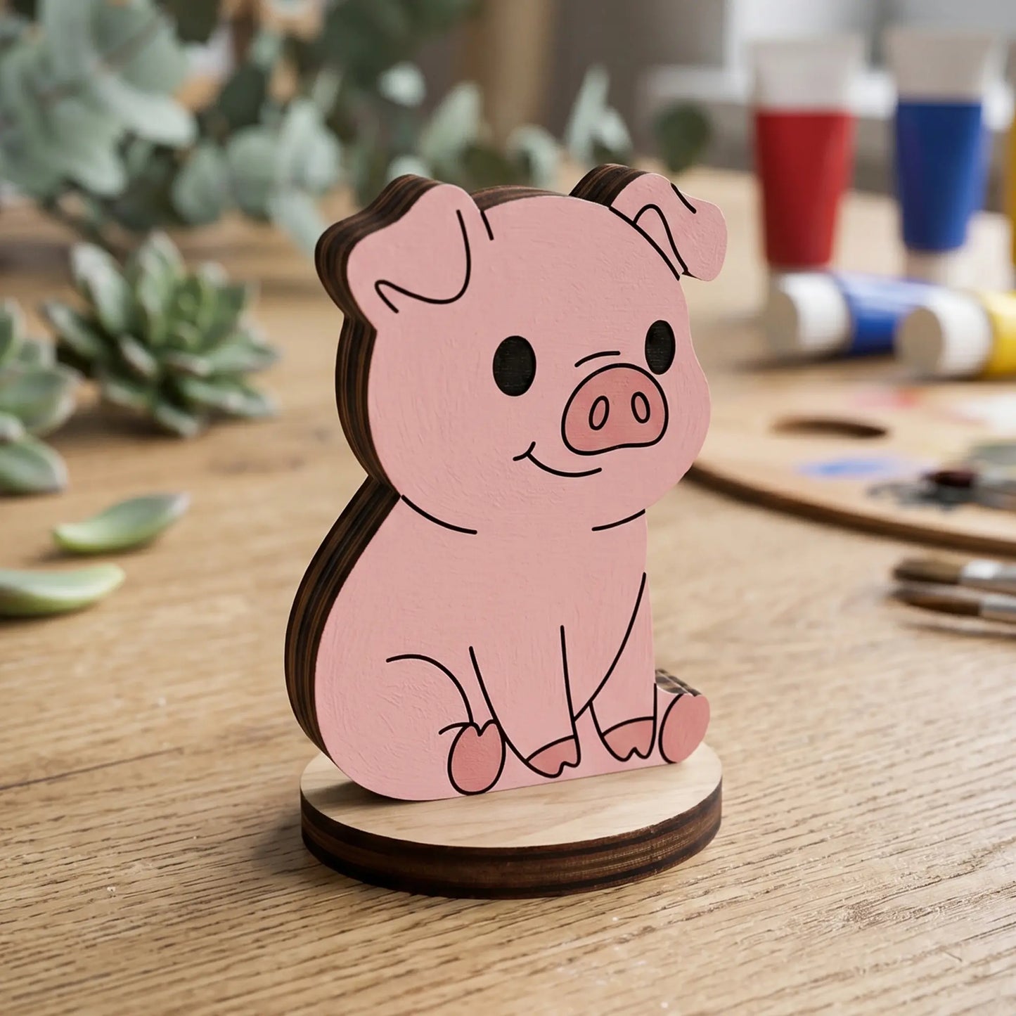 A hand-painted pink miniature pig figurine made of laser cut plywood, staged on a wooden art desk with acrylic paint tubes