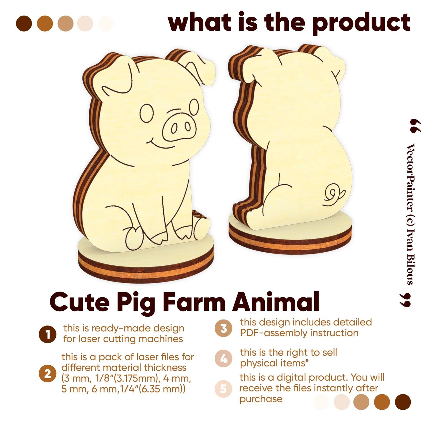 The image is a product advertisement for a Cute Pig Farm Animal. It features a cute pig design with detailed instructions and a description of the product.