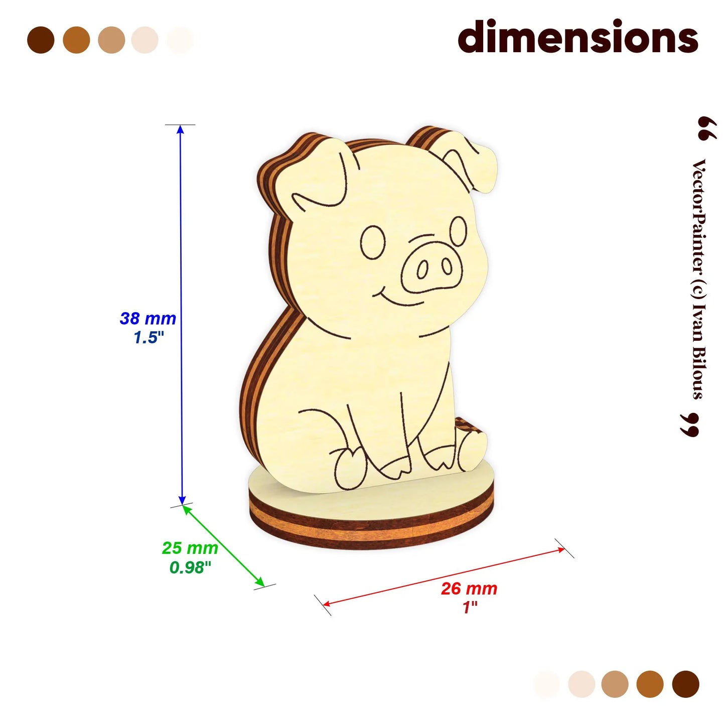 a wooden piggy bank with dimensions of 38 mm in height, 1.5 mm in width, and 25 mm in depth.