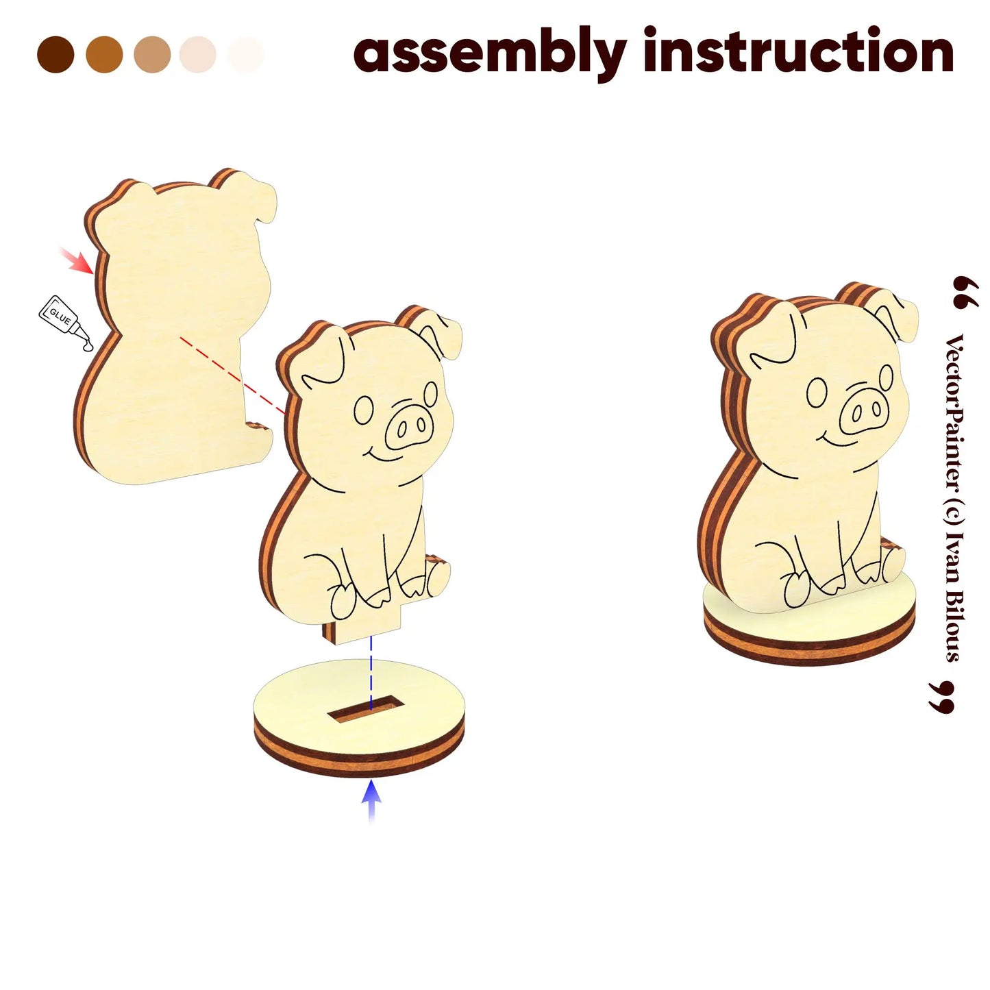 The image is a step-by-step assembly instruction for a wooden pig figure, showing the process of putting together the pig using various parts.