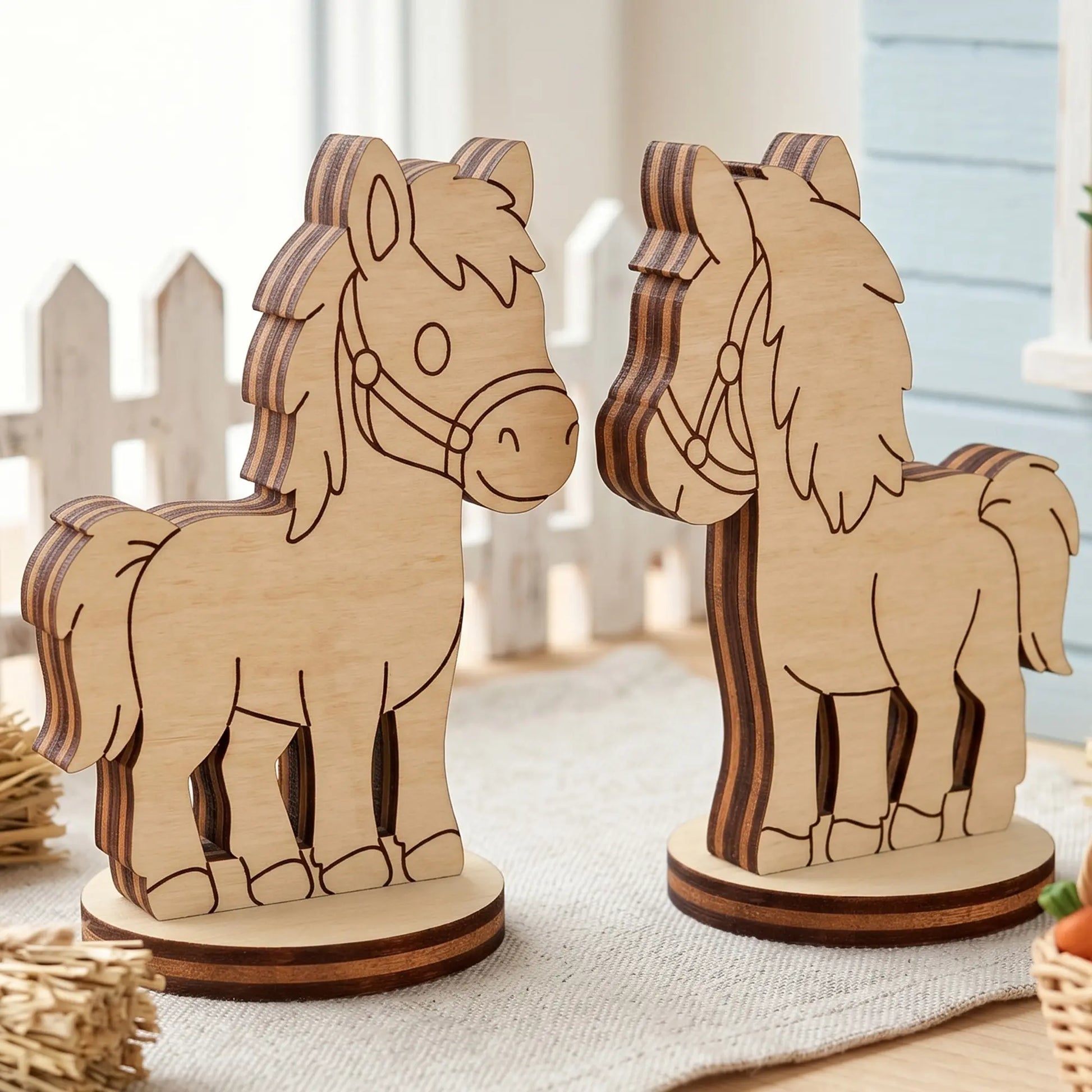 Front and back view profiles of a miniature toy pony standing on round bases, made of layered laser cut plywood wood.