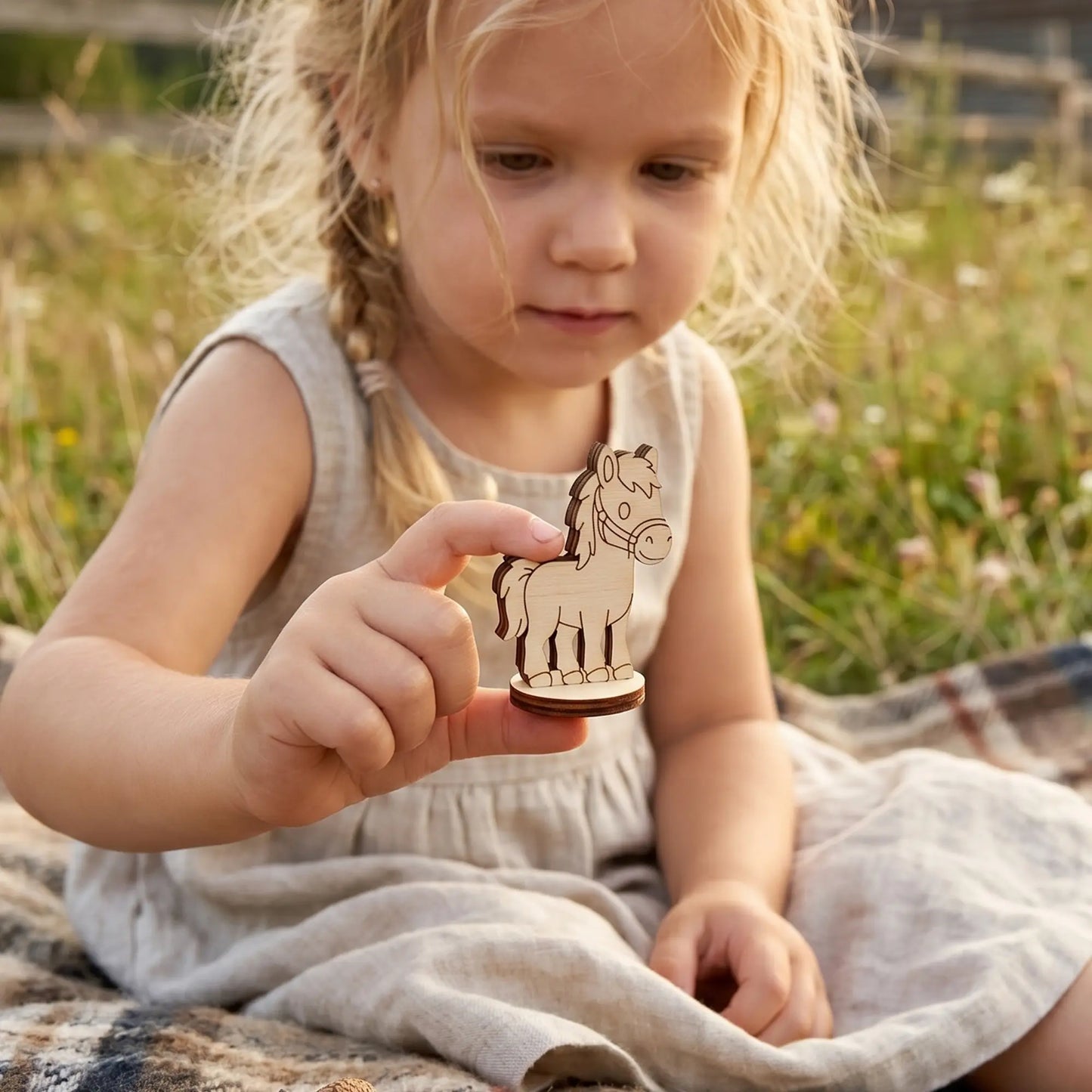 A little girl sitting on a blanket outdoors, gently holding a tiny token horse crafted from fine laser cut plywood.