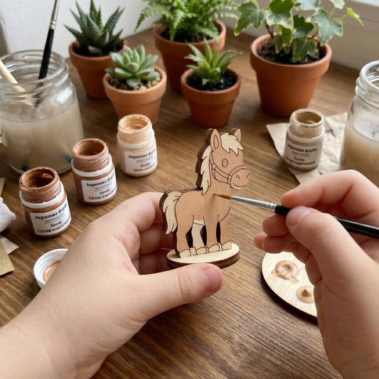 Close-up showing fingers holding a miniature standing horse figurine made of laser cut plywood over a picnic setup.