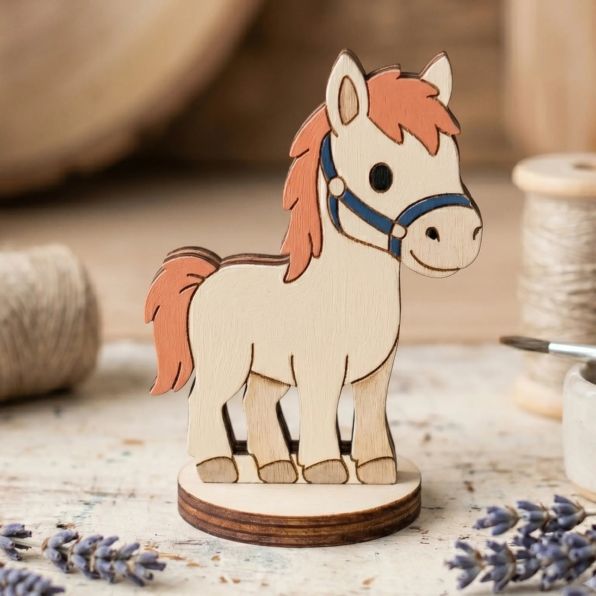 A painted miniature laser cut plywood horse craft token with a brown mane and blue halter, staged near dried lavender.