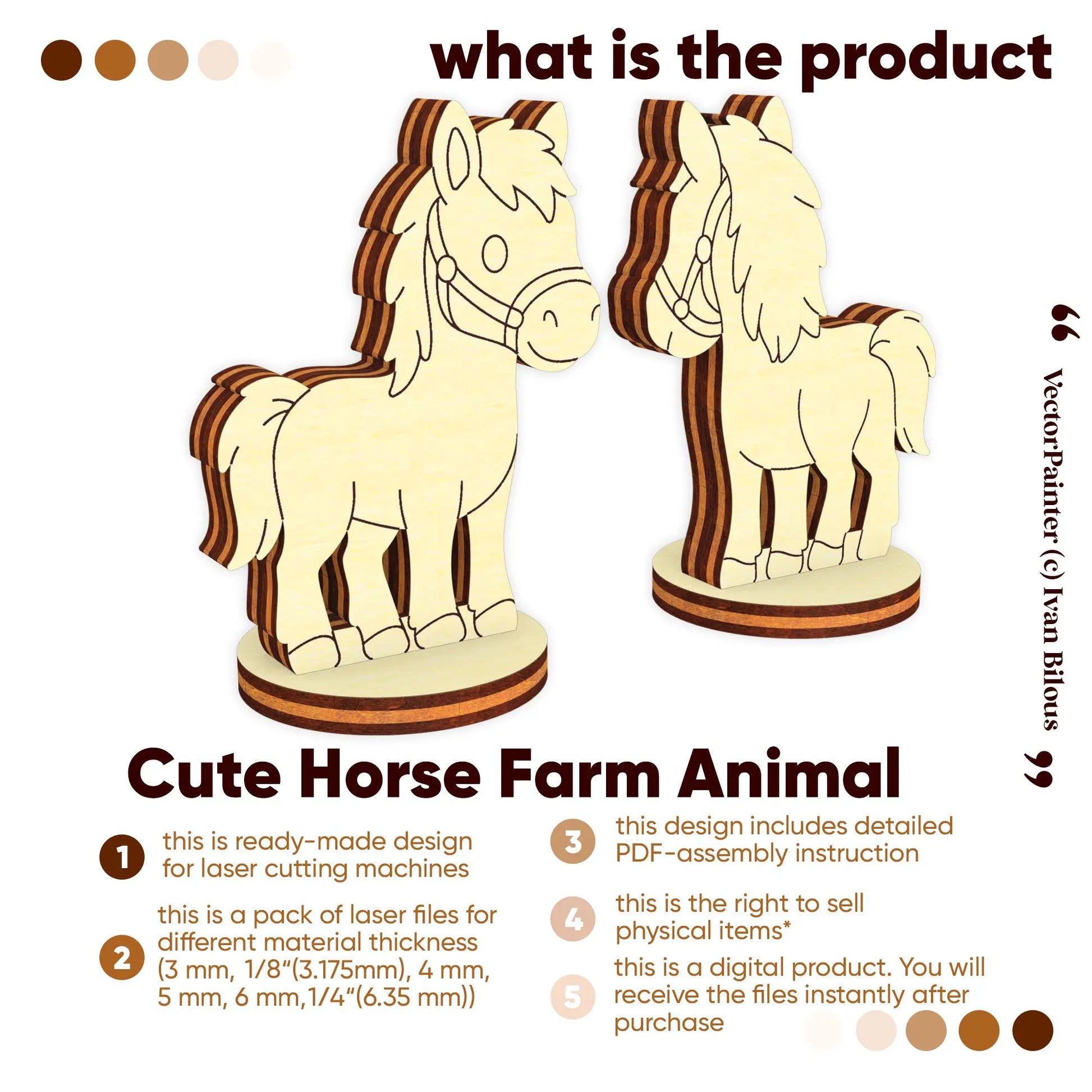 Graphic preview of a 3D miniature standing horse model template designed for multi-layered laser cut plywood sheets.