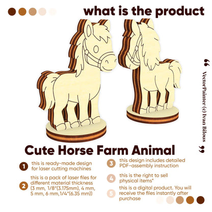 Graphic preview of a 3D miniature standing horse model template designed for multi-layered laser cut plywood sheets.