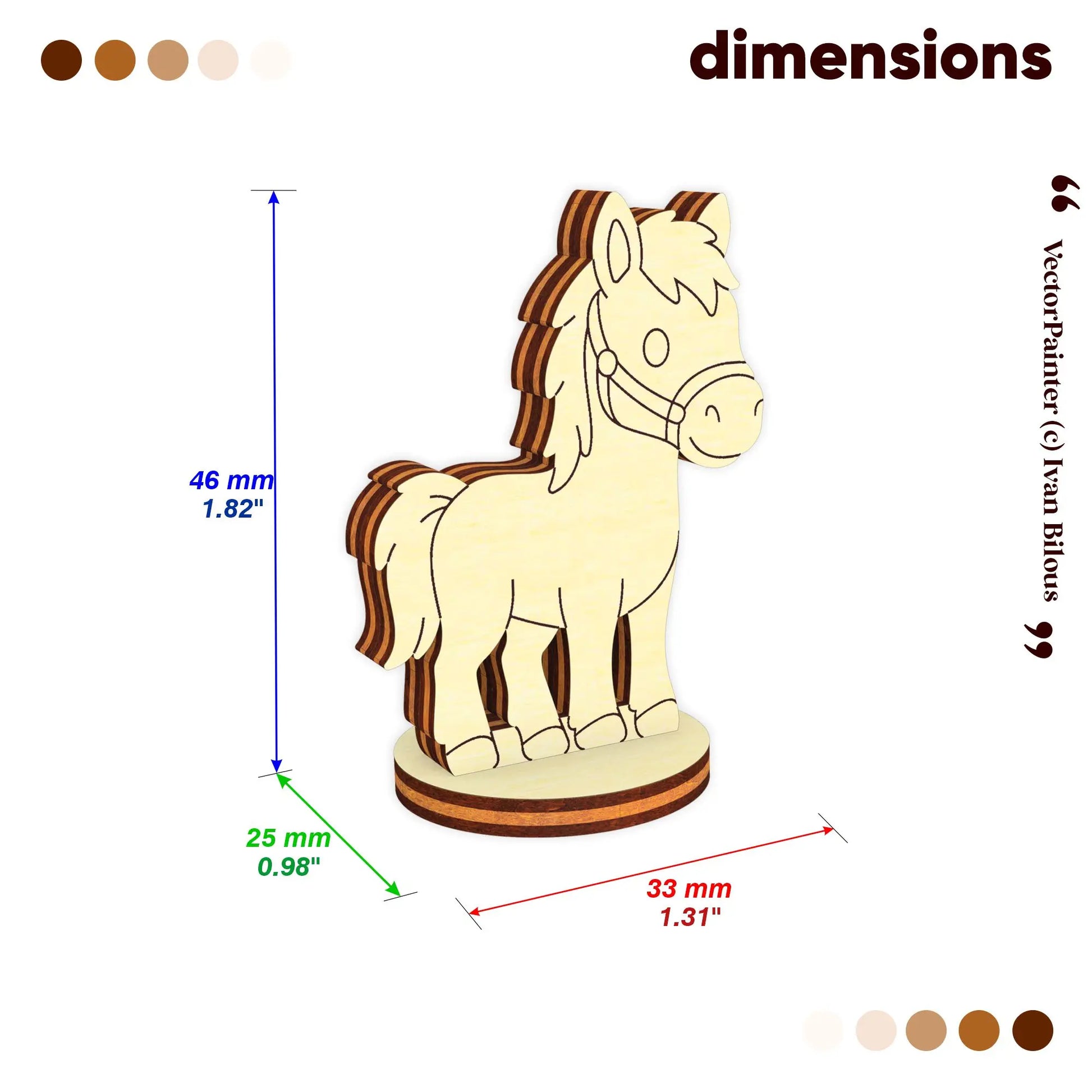 Dimension guide chart showing height and width specs for a small toy horse figure made from laser cut plywood wood.
