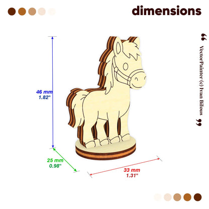 Dimension guide chart showing height and width specs for a small toy horse figure made from laser cut plywood wood.