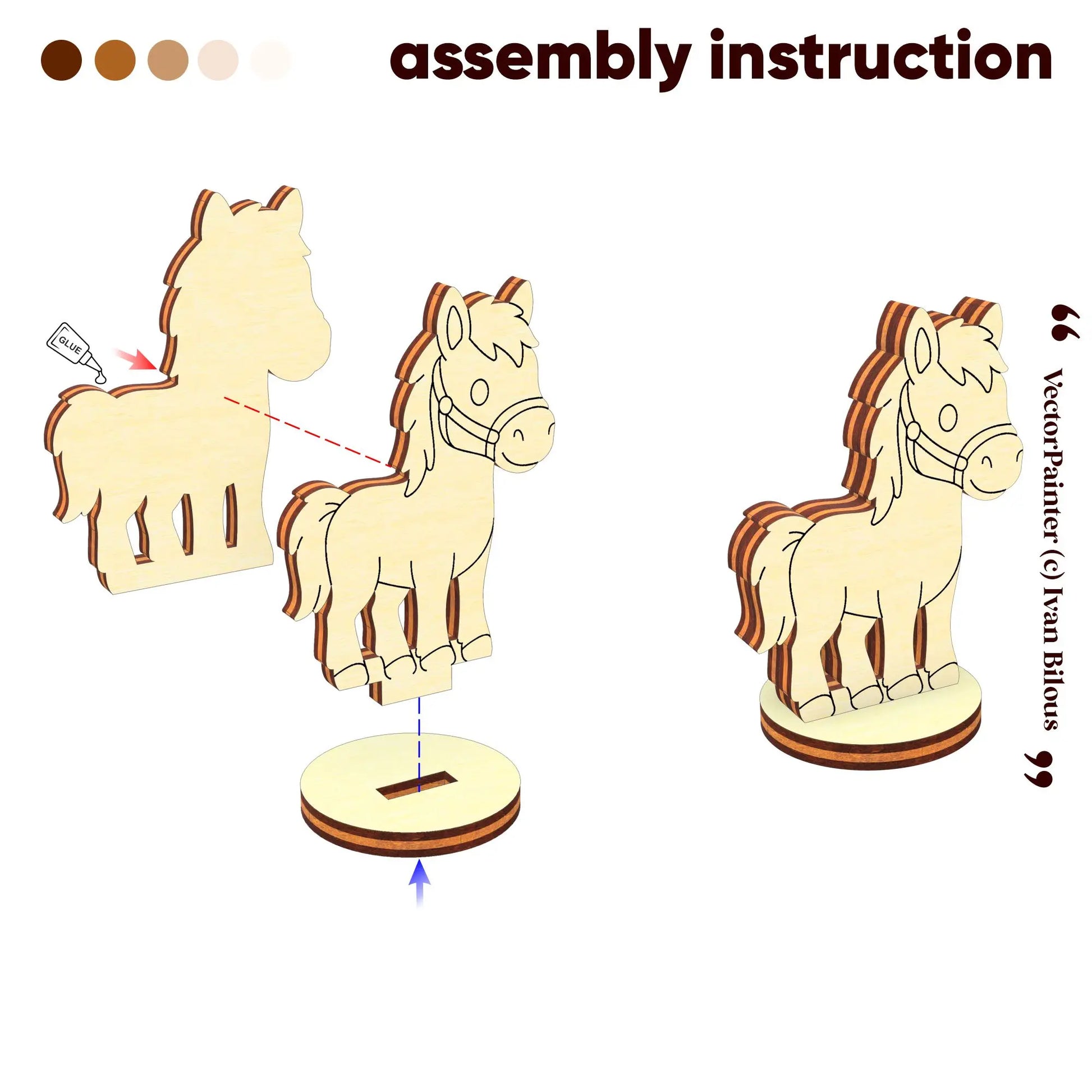 3D assembly diagram showing glue points and slot placement to build a miniature horse token of laser cut plywood.