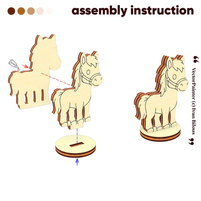 3D assembly diagram showing glue points and slot placement to build a miniature horse token of laser cut plywood.
