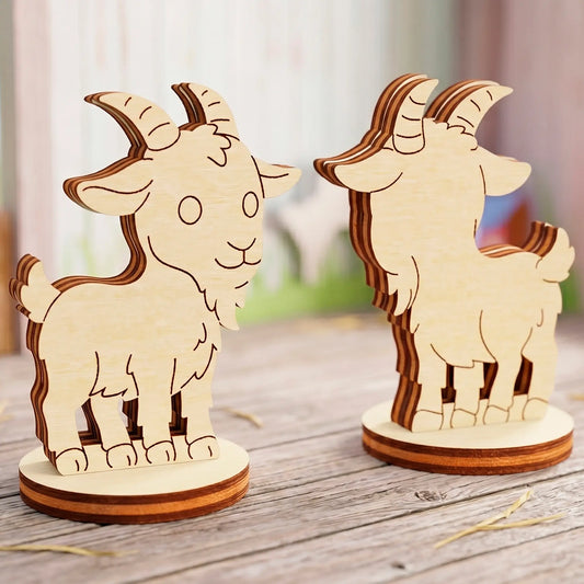 Front and back view profiles of a miniature toy goat standing on round bases, made of layered laser cut plywood wood.