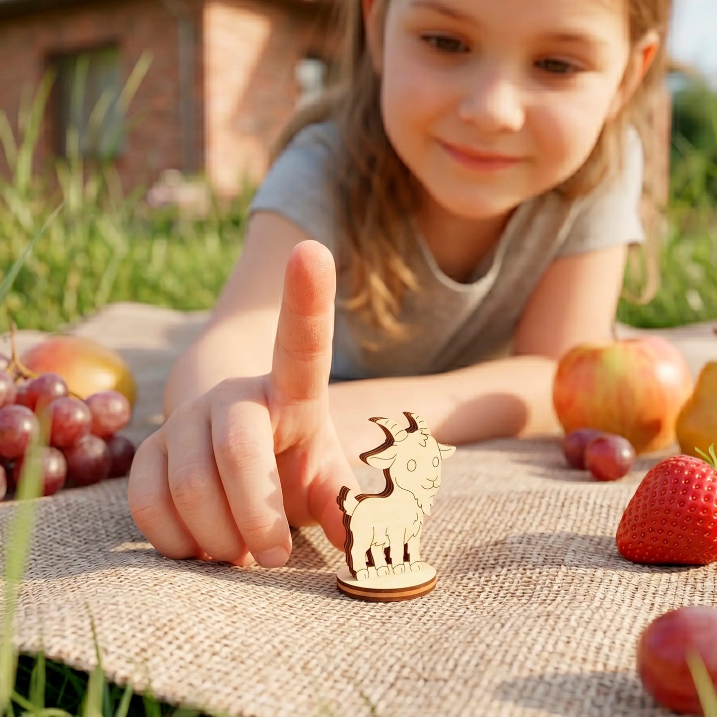 Miniature laser cut plywood goat figurine on a picnic blanket near fruit, with a smiling child pointing at it.