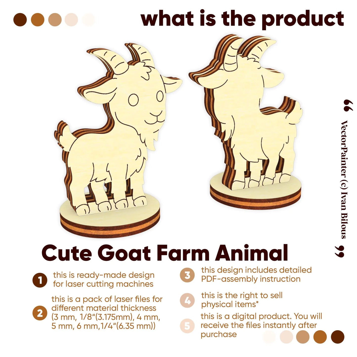 Graphic preview of a 3D miniature standing goat model template designed for multi-layered laser cut plywood sheets.