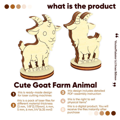 Graphic preview of a 3D miniature standing goat model template designed for multi-layered laser cut plywood sheets.