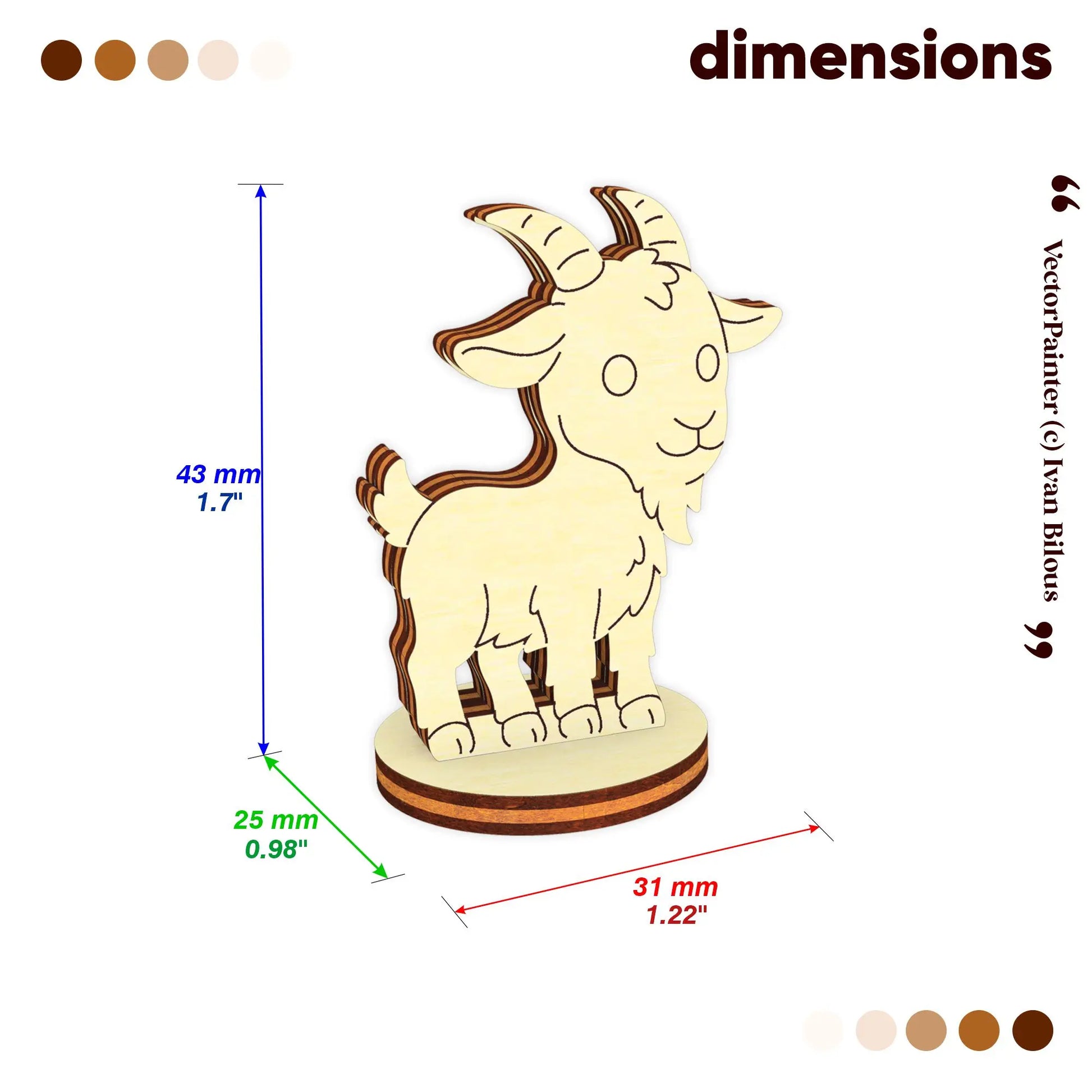 Dimension guide chart showing height and width specs for a small toy goat figure made from laser cut plywood wood.