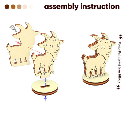 3D assembly diagram showing glue points and slot placement to build a miniature goat token of laser cut plywood.