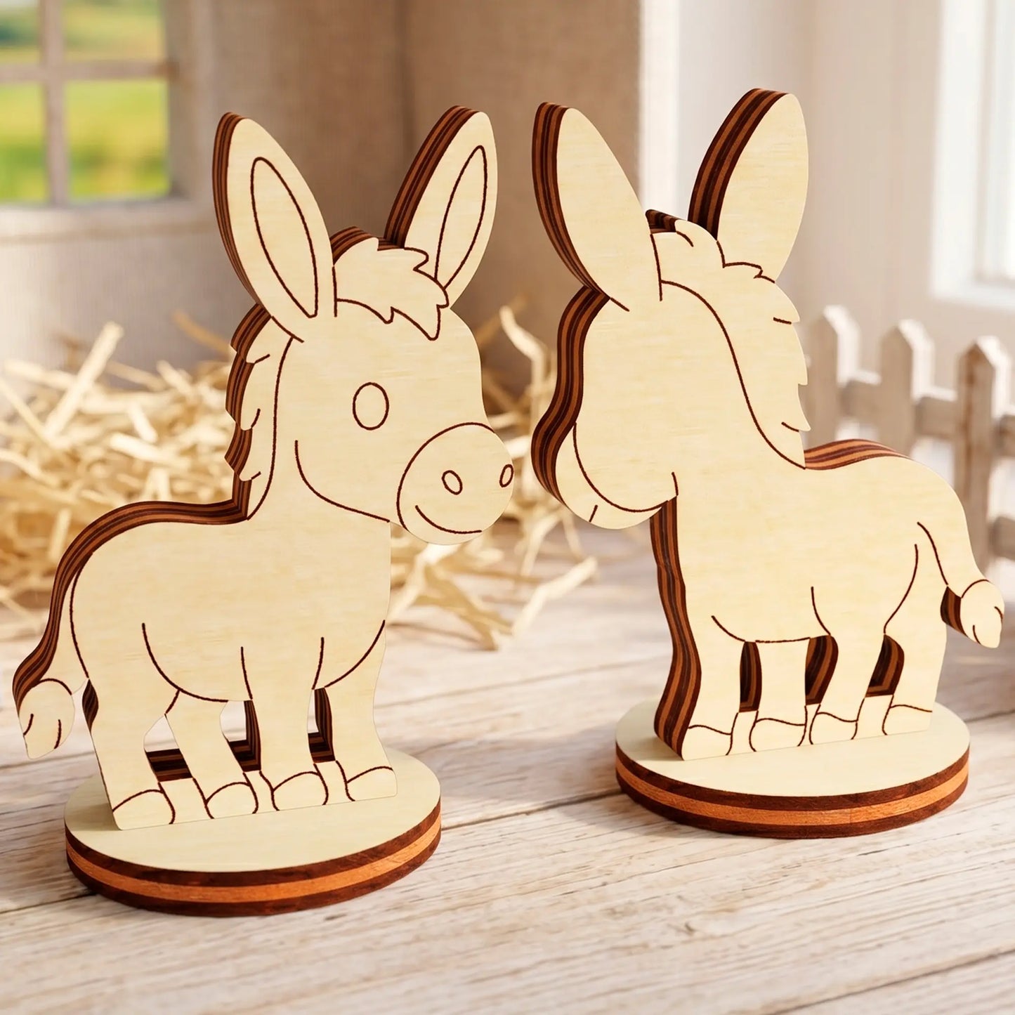 Front and back view profiles of a miniature toy donkey standing on round bases, made of layered laser cut plywood wood.