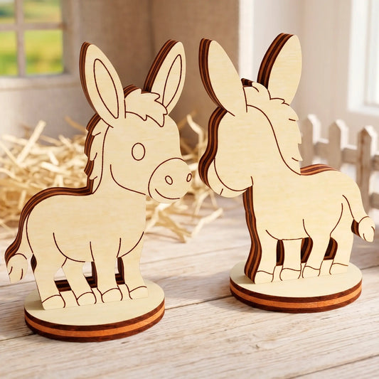 Front and back view profiles of a miniature toy donkey standing on round bases, made of layered laser cut plywood wood.