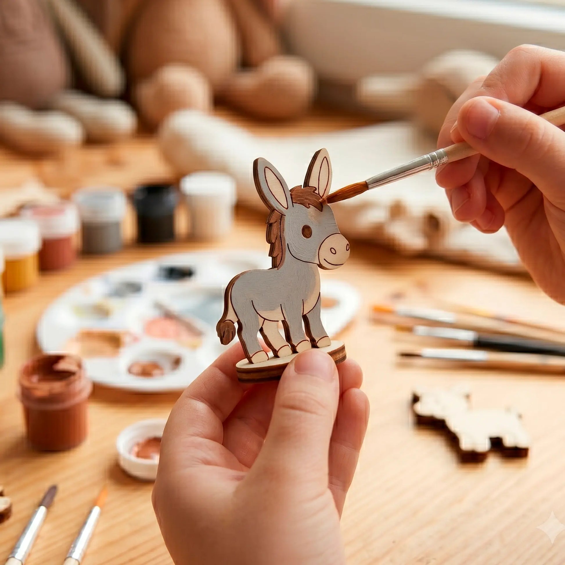 Close-up of hands using a fine brush to paint grey acrylic onto a miniature laser cut plywood donkey toy at a desk.