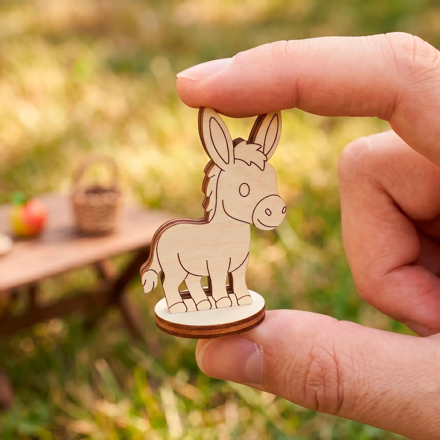 Close-up showing fingers holding a miniature standing donkey figurine made of laser cut plywood over a picnic setup