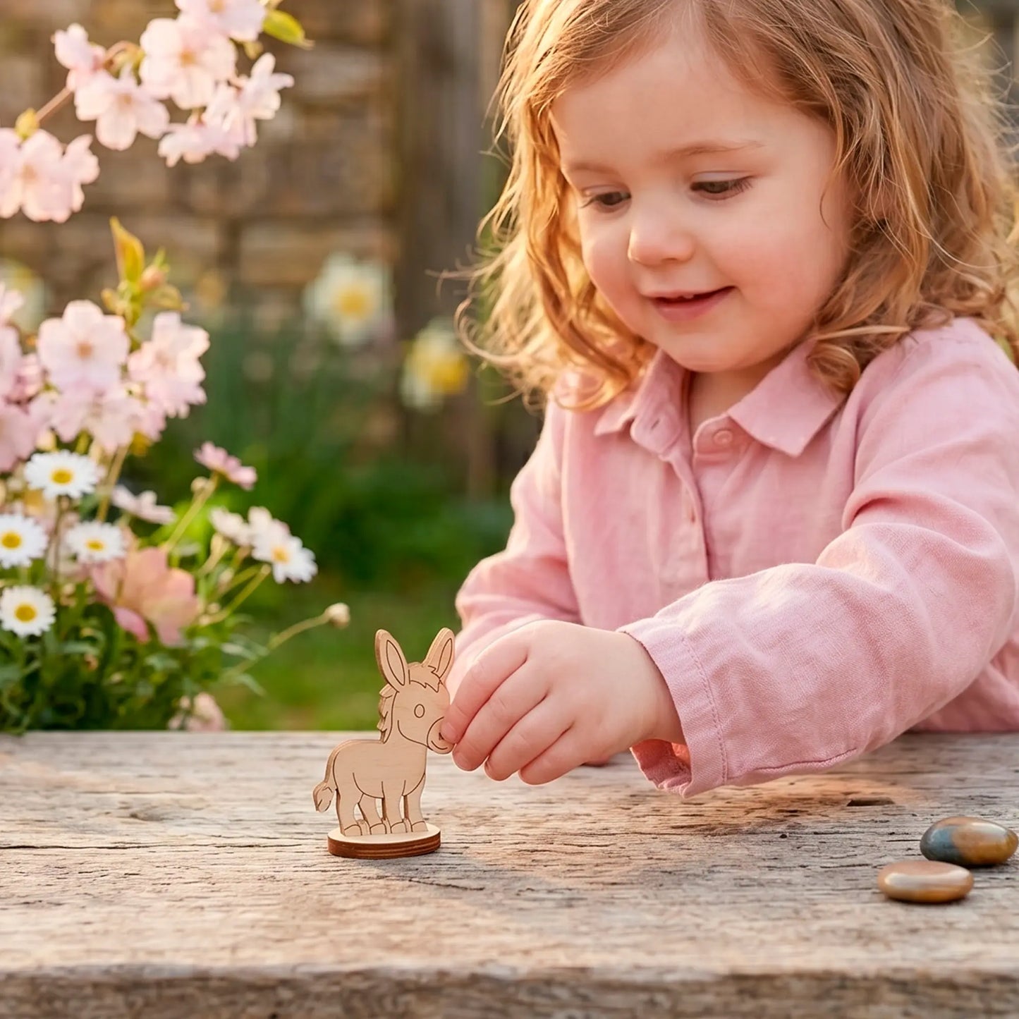 Miniature laser cut plywood donkey figurine on a picnic blanket near fruit, with a smiling child pointing at it