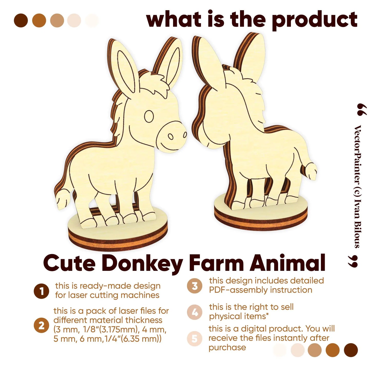 Graphic preview of a 3D miniature standing donkey model template designed for multi-layered laser cut plywood sheets.
