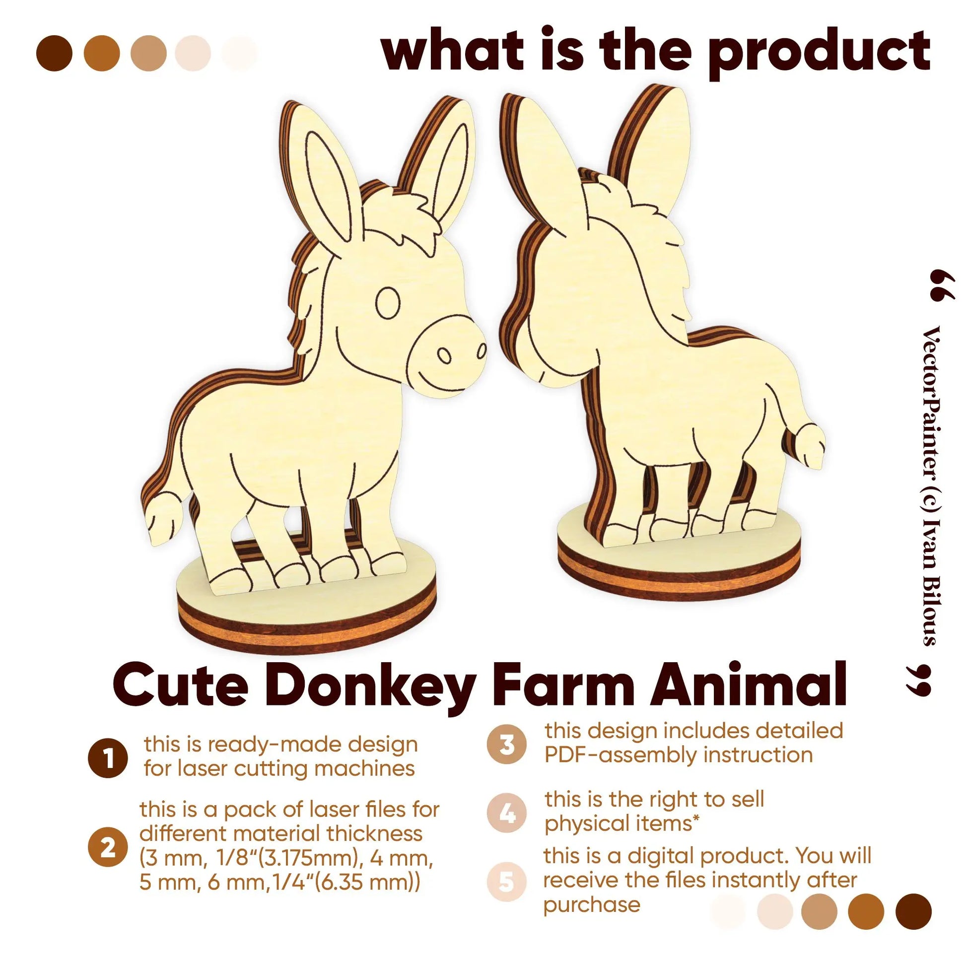 Graphic preview of a 3D miniature standing donkey model template designed for multi-layered laser cut plywood sheets.