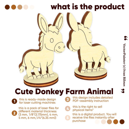 Graphic preview of a 3D miniature standing donkey model template designed for multi-layered laser cut plywood sheets.