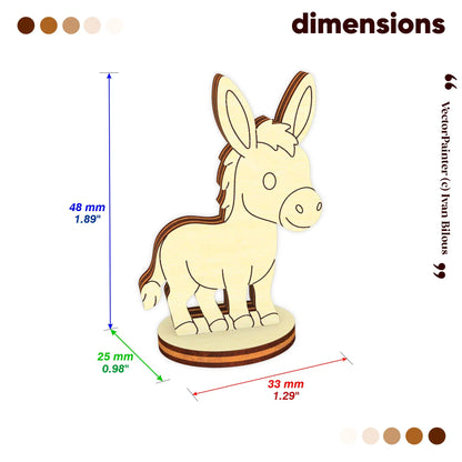 Dimension guide chart showing height and width specs for a small toy donkey figure made from laser cut plywood wood