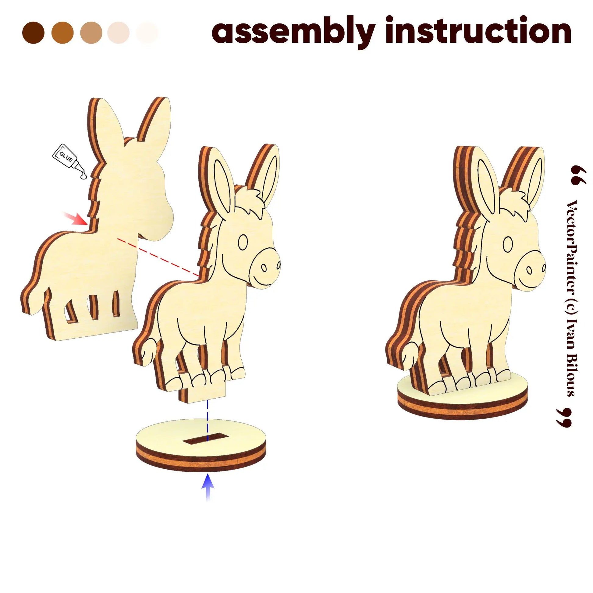 3D assembly diagram showing glue points and slot placement to build a miniature donkey token of laser cut plywood