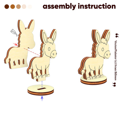 3D assembly diagram showing glue points and slot placement to build a miniature donkey token of laser cut plywood