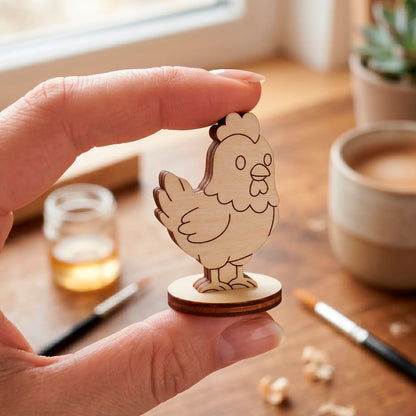 Two fingers holding a tiny laser cut plywood cute hen miniature, showing small scale against a blurry workshop desk