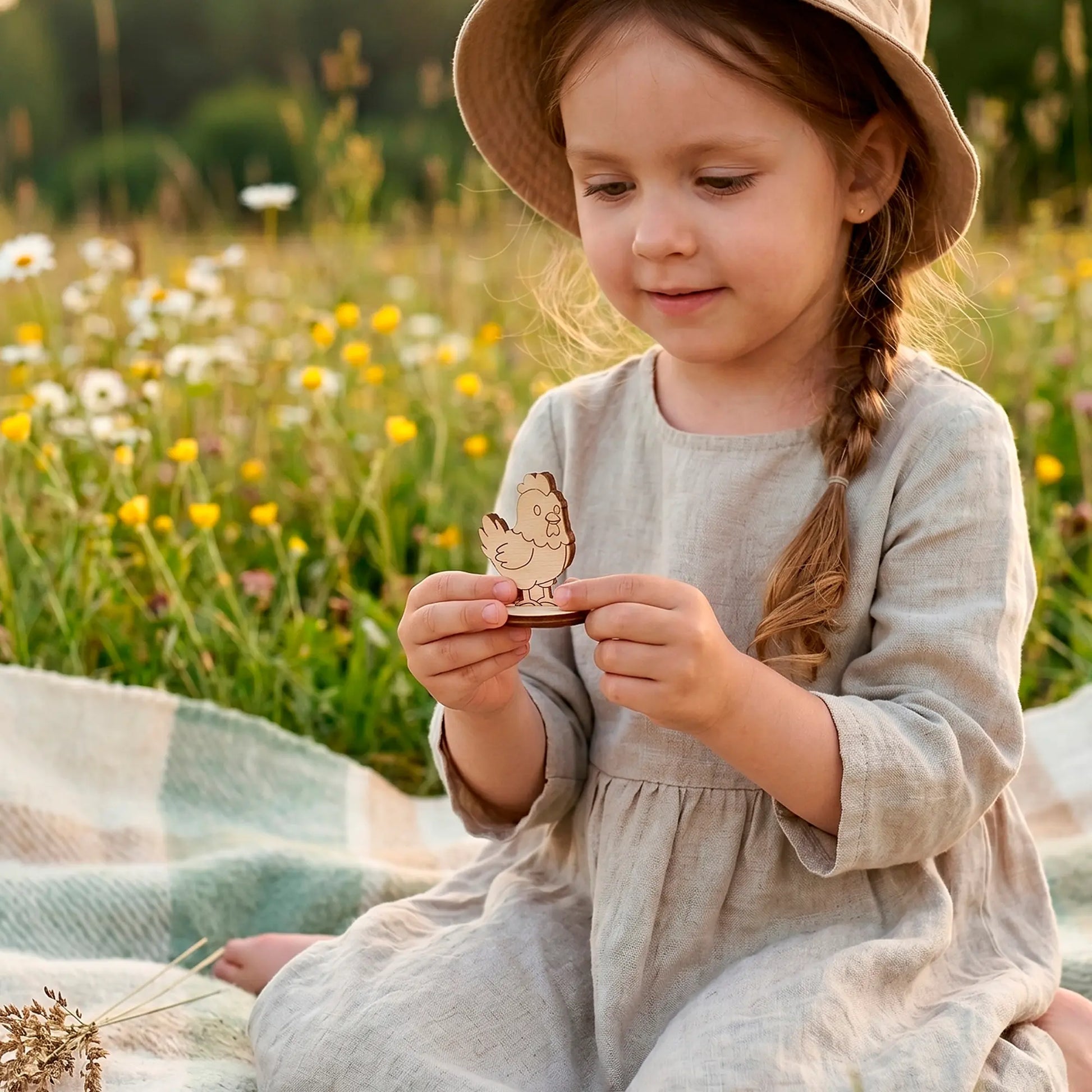 Little girl in a linen dress holding a small laser cut plywood cute hen toy while sitting on a plaid in a summer field