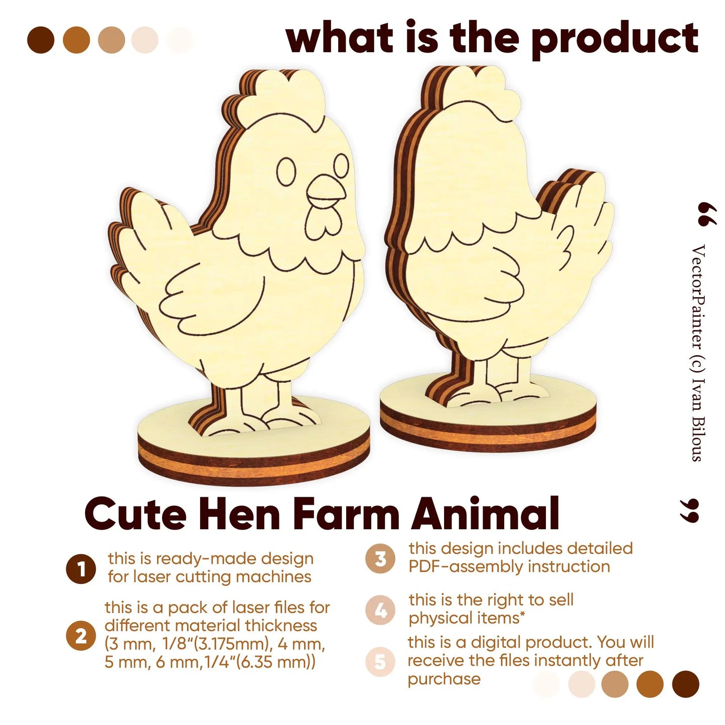 Cute hen farm animal digital vector design info for laser cut plywood crafts, showcasing instant download file formats