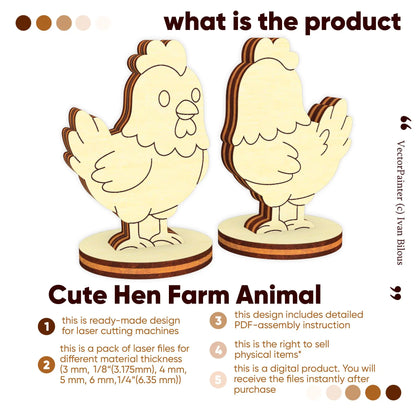 Cute hen farm animal digital vector design info for laser cut plywood crafts, showcasing instant download file formats