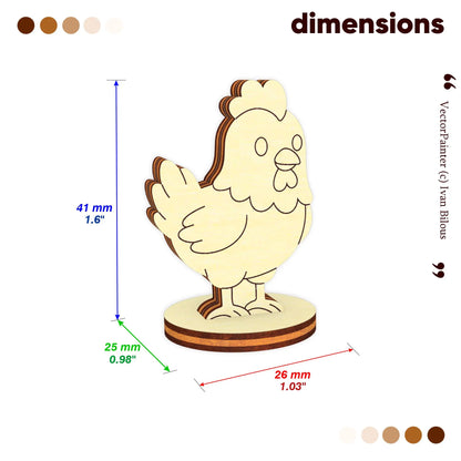 Laser cut plywood cute hen miniature size chart infographic with exact height, width and depth dimensions in mm and inches